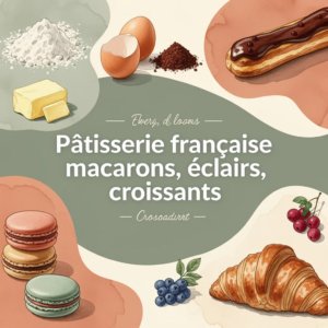Pâtisserie française classique: macarons, éclairs, croissants